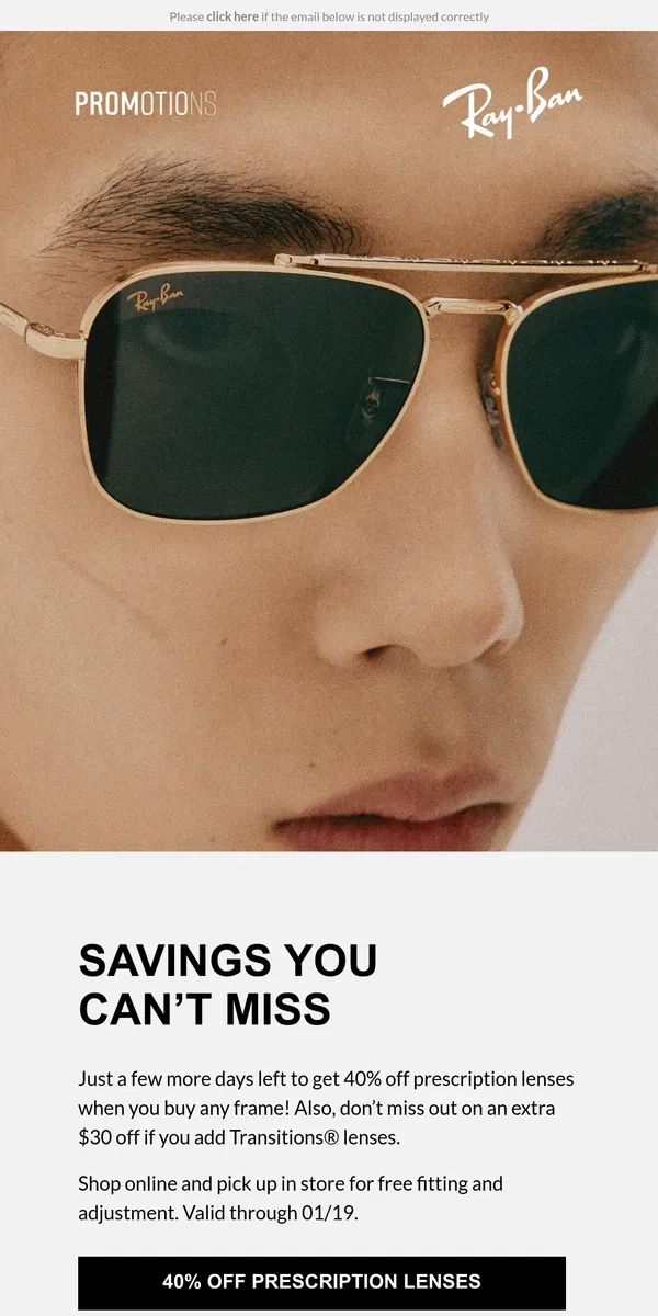 Email from Ray-Ban. Deals Still On: Save on Lenses