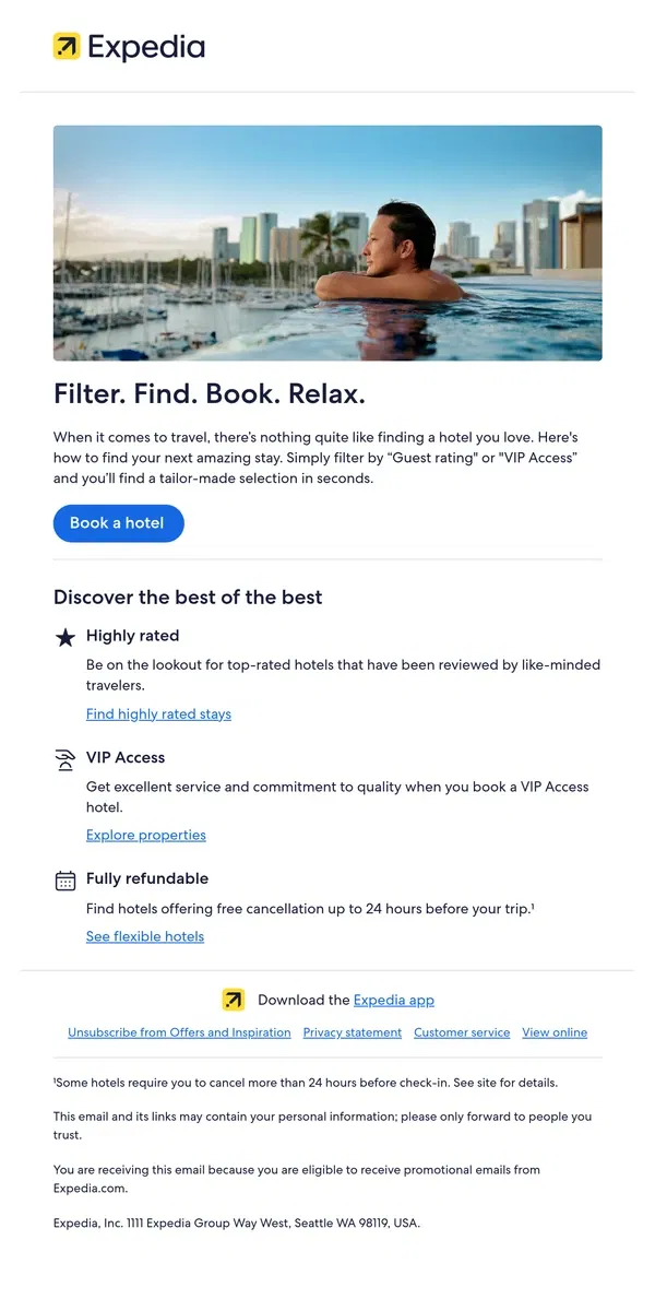 Email from Expedia. [Name], looking for a hotel you’ll love?