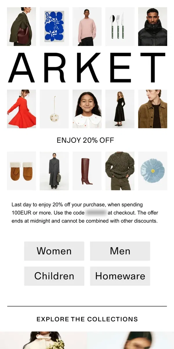 Email from ARKET. 20% off in-store and online