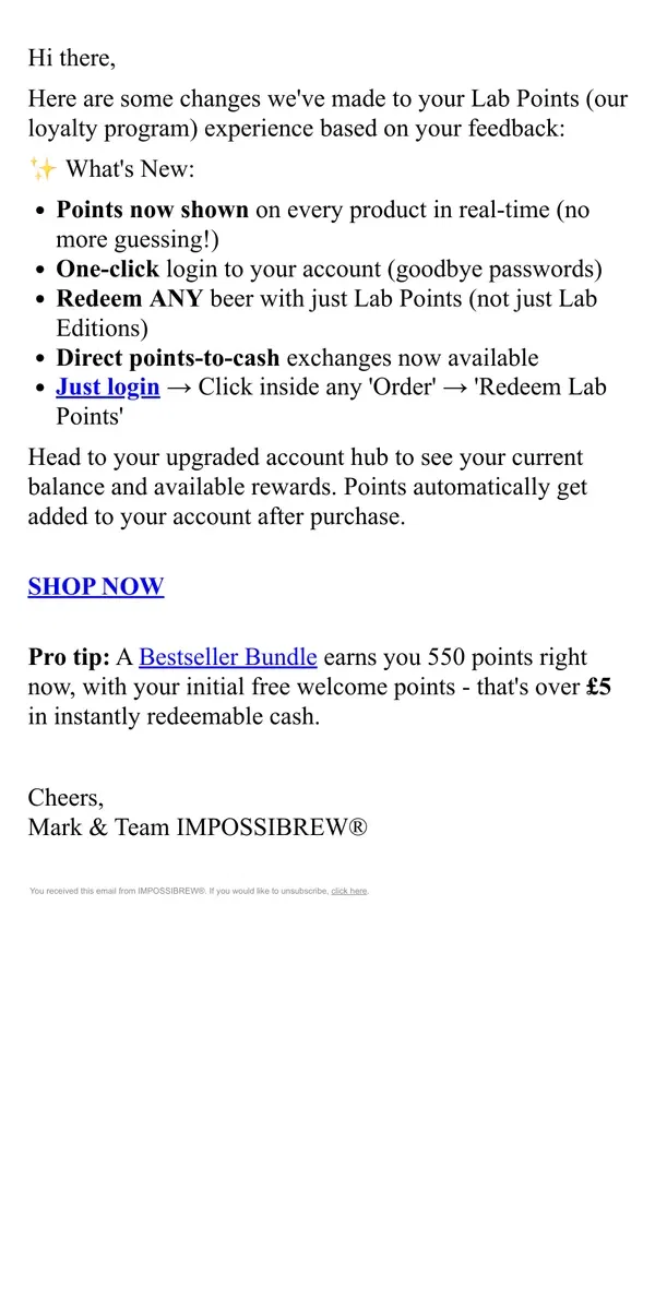 Email from IMPOSSIBREW. Your Lab Points just got a upgrade 🚀