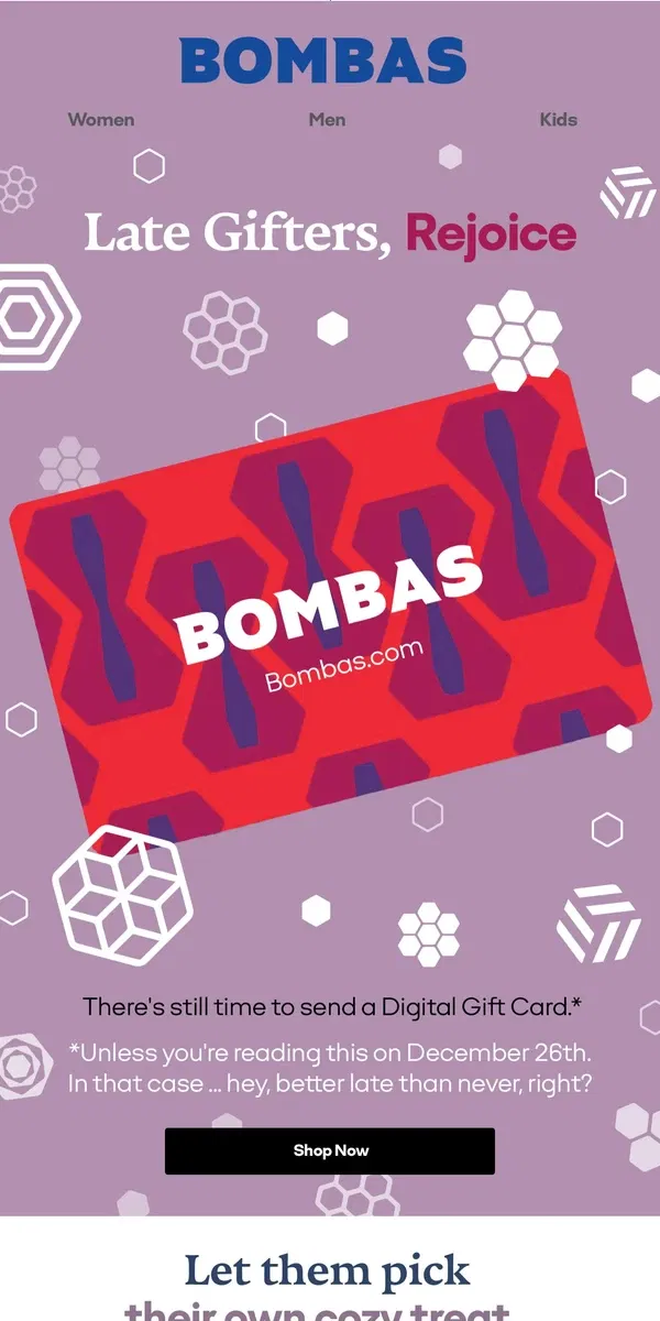 Email from Bombas. You Forgot a Cousin? 😱 Gift Card Time