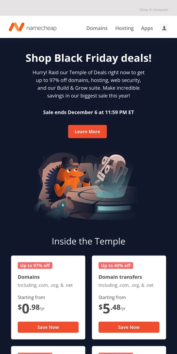 Email from Namecheap. Our biggest sale of the year is now on!