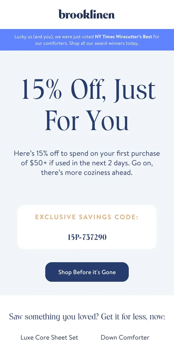 Email from Brooklinen. ATTN: Your savings are ticking away