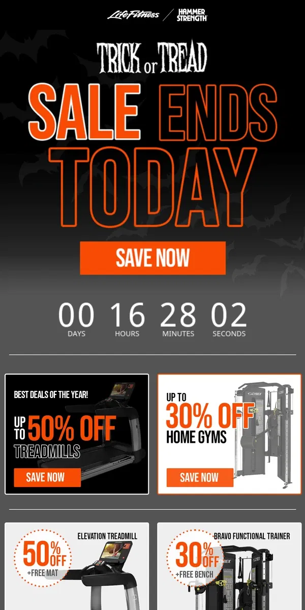 Email from Life Fitness. SALE Ends Today!  Last Chance for the Best Treadmill Deals of the Year!