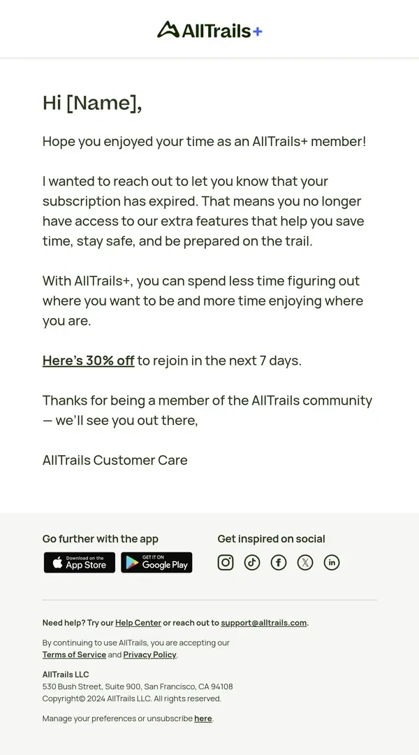 Email from AllTrails. Ready to return to AllTrails+ and do more outdoors?