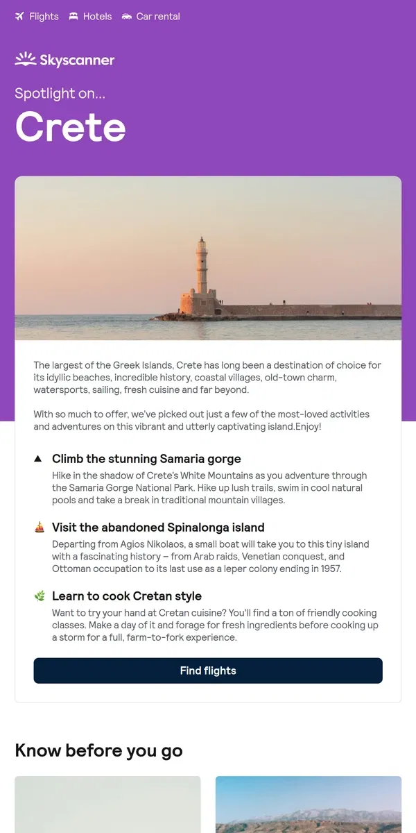 Email from Skyscanner. Do Crete like a local