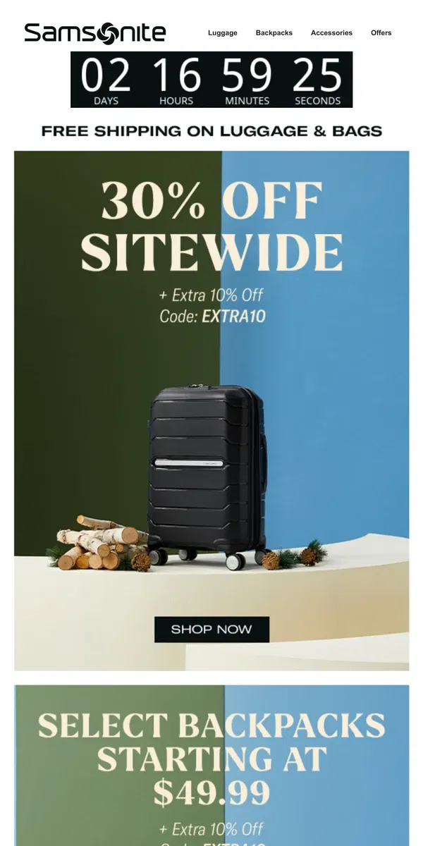 Email from Samsonite. 30% Off Sitewide Happening Now + FREE Shipping