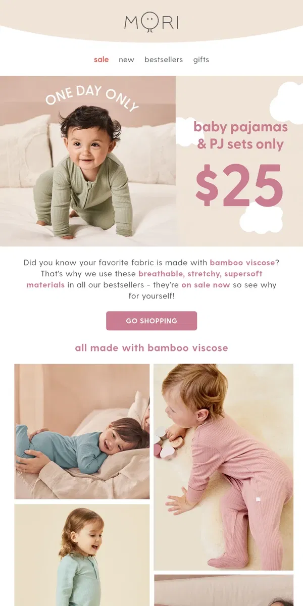 Email from MORI. Only 8 hours left! $25 baby pajamas & PJ sets ⏰