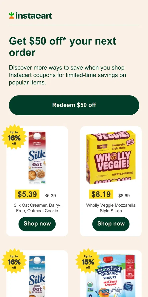 Email from Instacart. 🎉 Get $50 off your first order!