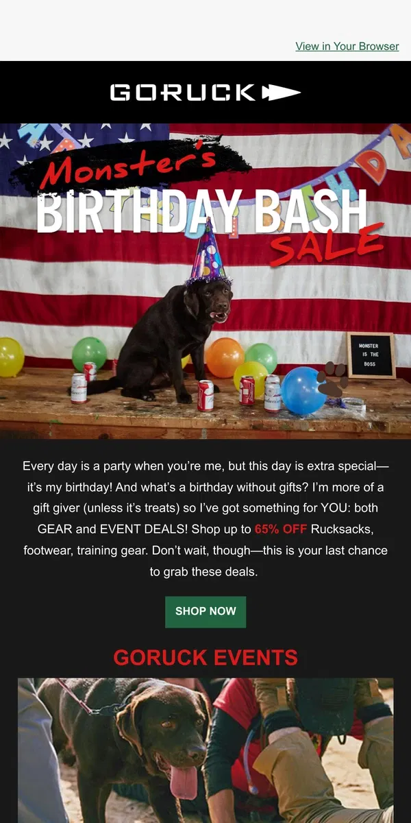 Email from GORUCK. Monster's B-Day Bash Sale