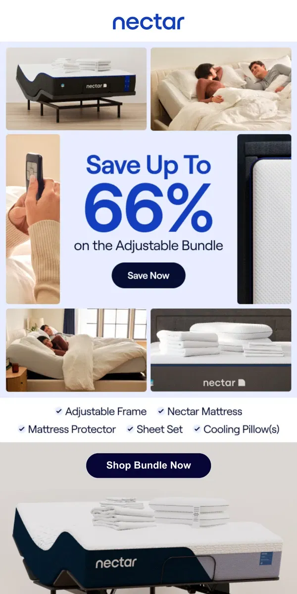 Email from Nectar. Better rest starts here 📍! Save up to 66% on our Adjustable Bundle 🧣