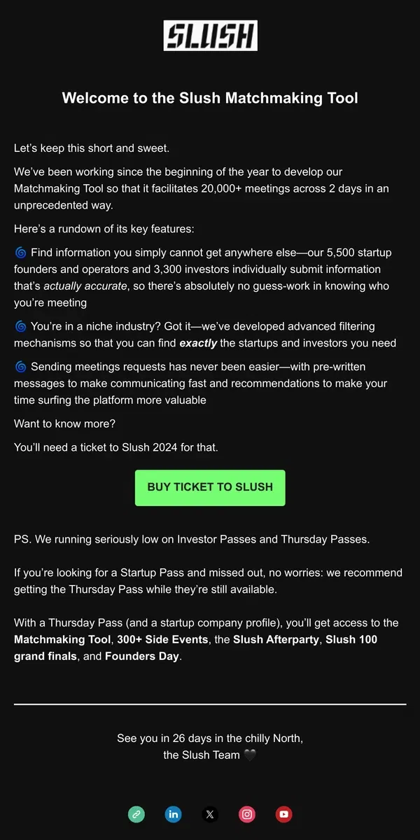 Email from Slush. Welcome to the Slush Matchmaking Tool 🤝