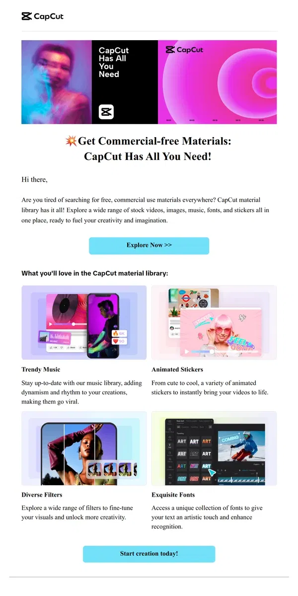 Email from CapCut. 💥Get Commercial-free Materials: CapCut Has All You Need!