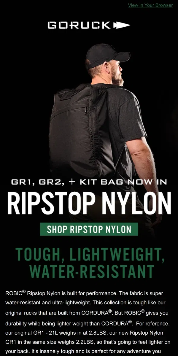 Email from GORUCK. New Ripstop Nylon Gear Ready for Your Next Adventure ✈️