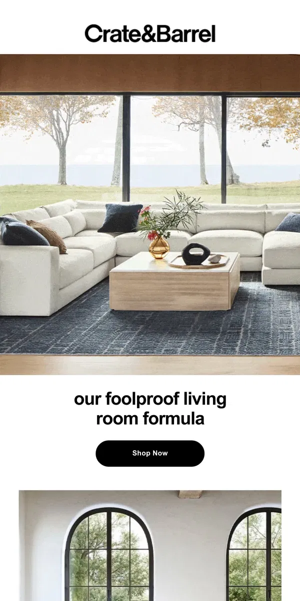 Email from Crate & Barrel. 6 secrets to a lounge-ready living room