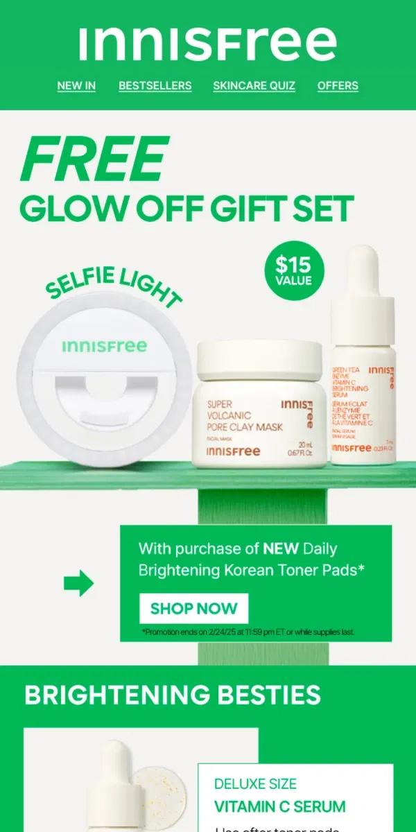 Email from innisfree. Glow Off! 2 FREE Minis + Selfie Light