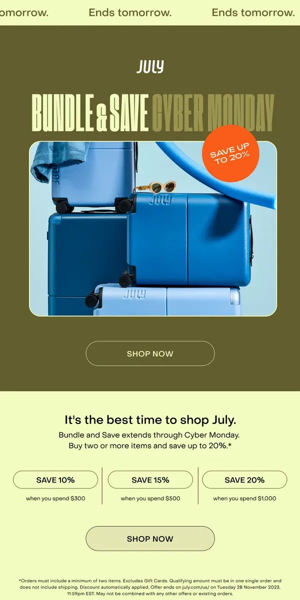 Email from July. Cyber Monday: Up to 20% in savings.