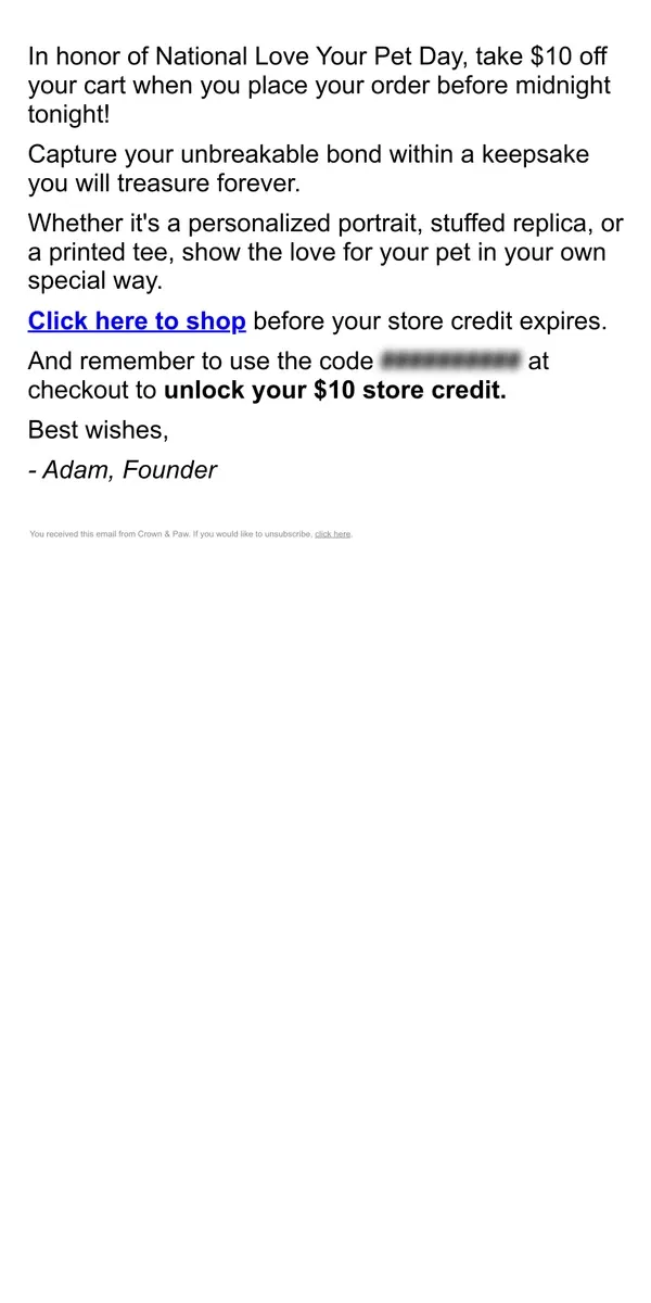 Email from Crown & Paw. Your store credit expires in 2 hours