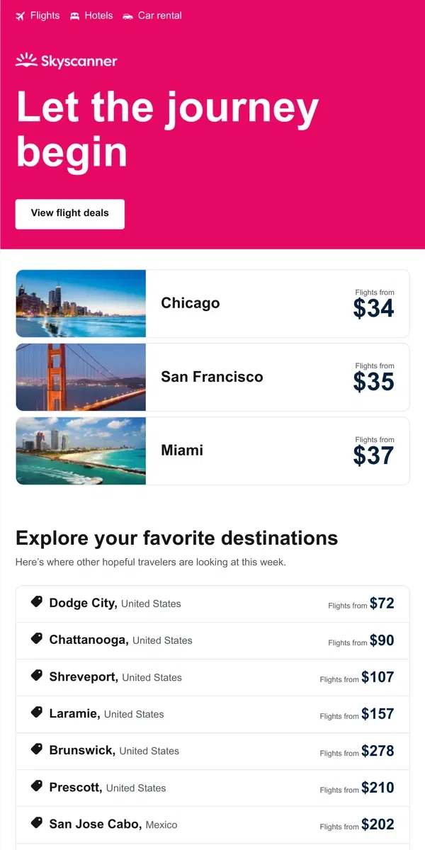 Email from Skyscanner. Chicago from $34 and more ✈️