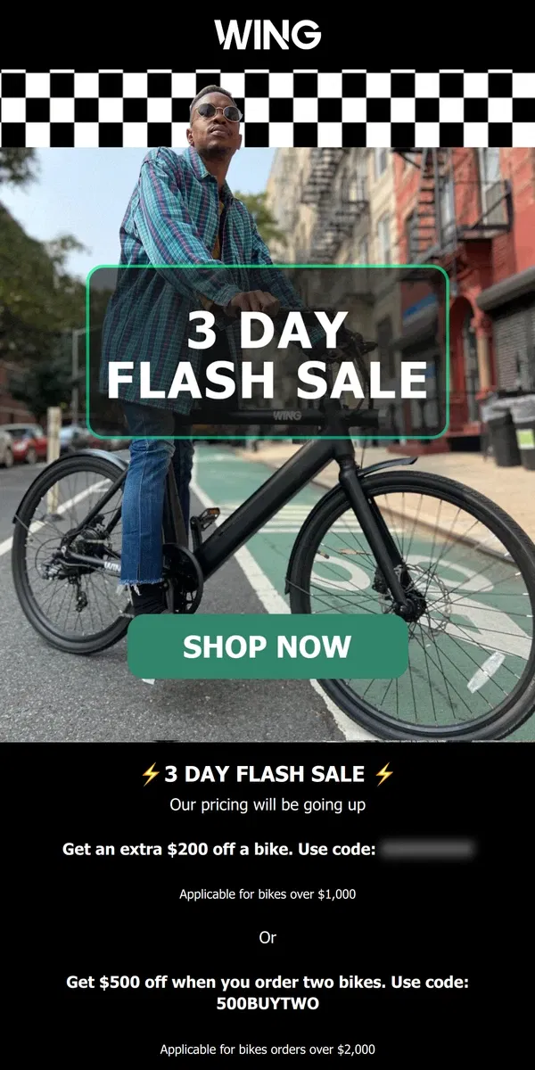 Email from Wing Bikes. 3-Day Flash Sale ⚡