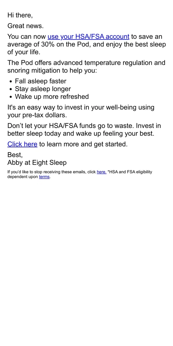 Email from Eight Sleep. Save an average of 30% with HSA/FSA