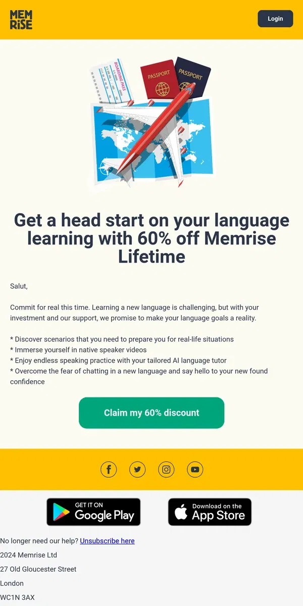 Email from Memrise. Commit to learning a language - 60% off Memrise Lifetime (24 hours only)