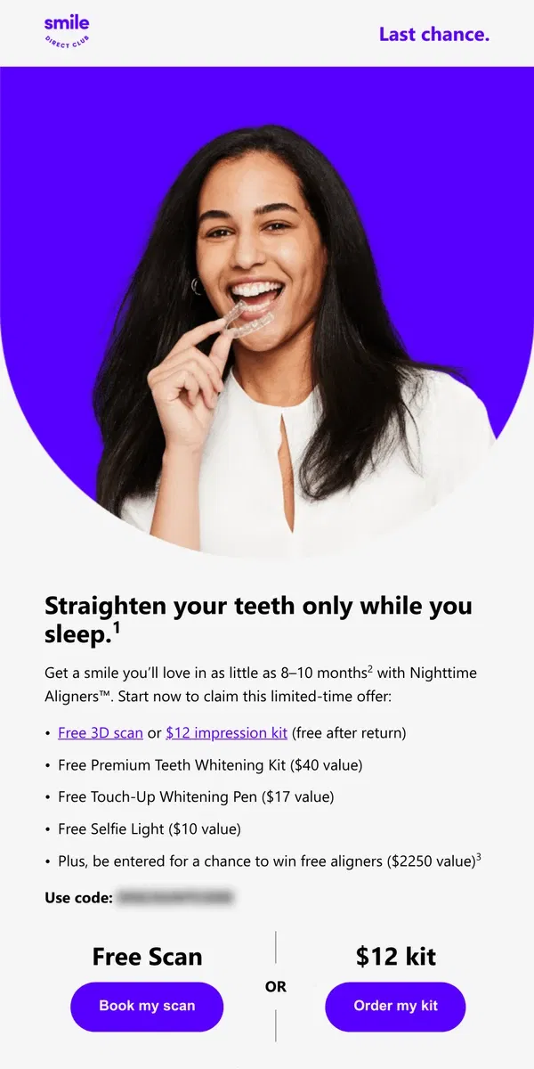 Email from SmileDirectClub. RE: Straighten your teeth only at night.