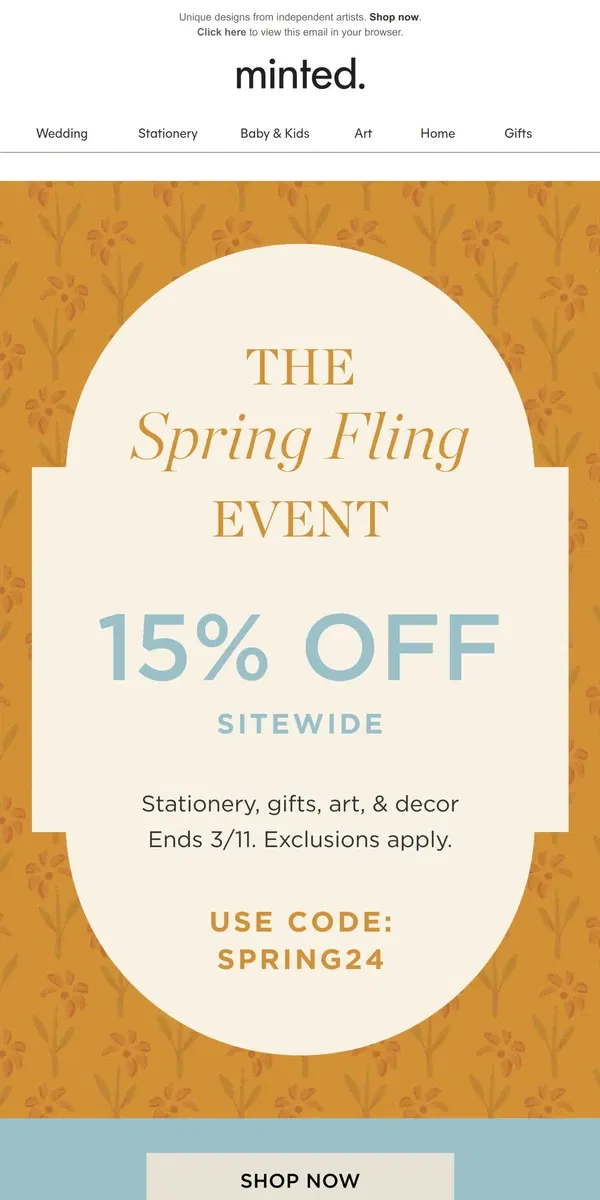 Email from Minted. 15% off gifts for spring celebrations