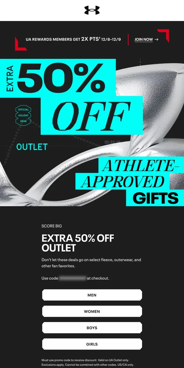 Email from Under Armour. 2 DAYS ONLY: Extra 50% off UA Outlet ⏰