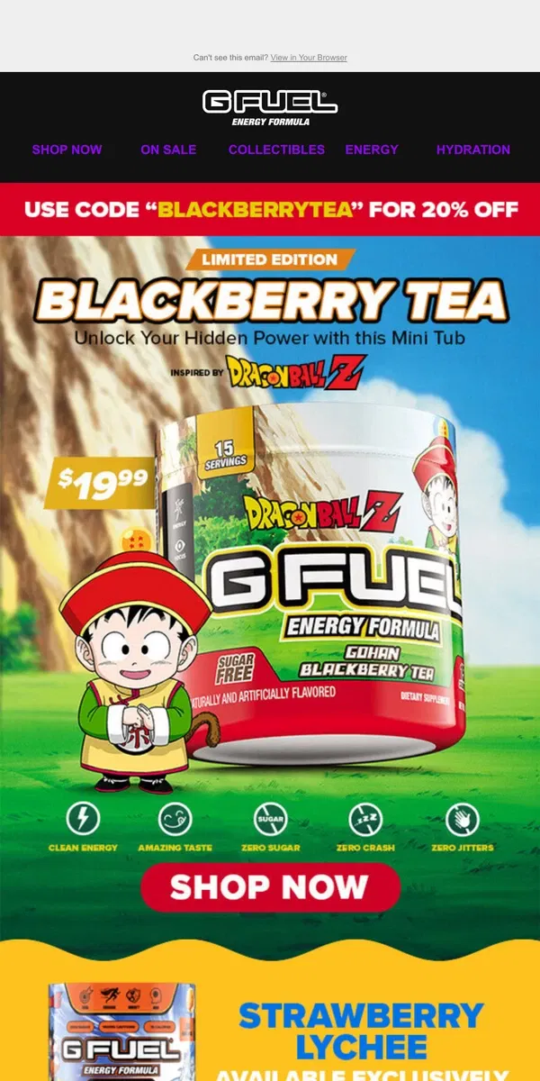 Email from G FUEL. Available Now: Gohan-Inspired Blackberry Tea Mini Tub! 🍇🍵💥