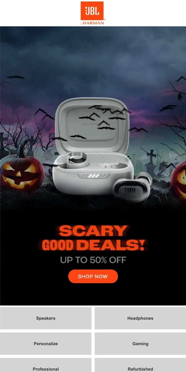 Email from JBL. Knock Knock... Spooky Halloween Deals are here 🕸️ - Up to 50% off!