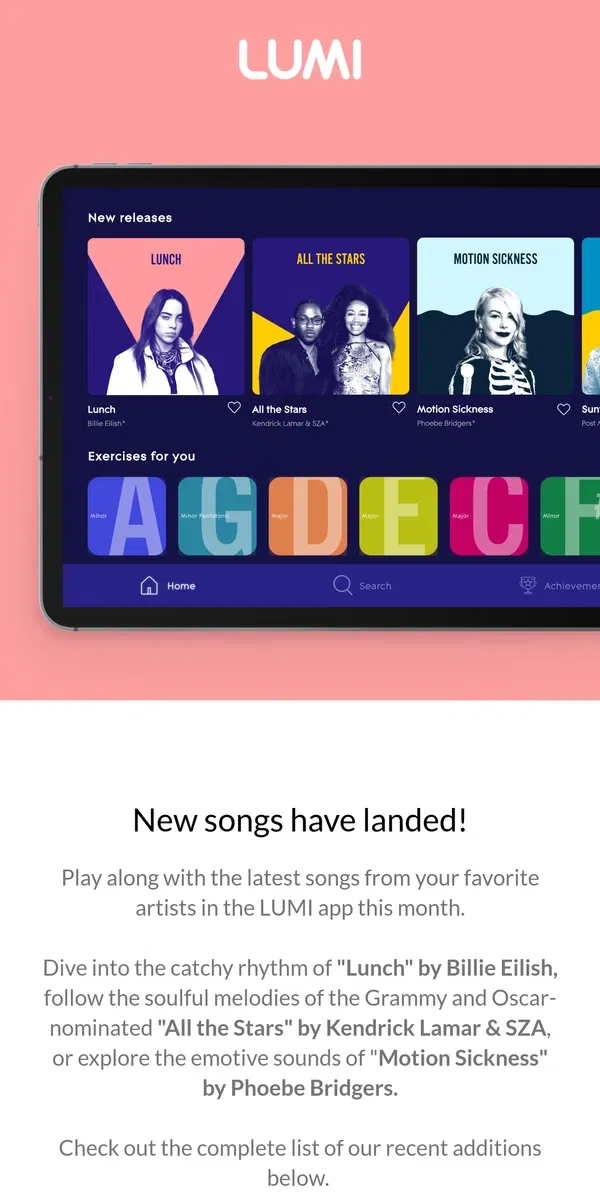 Email from LUMI. NEW SONGS: Learn Billie Eilish, Kendrick Lamar & SZA, Phoebe Bridgers and more! 🎶