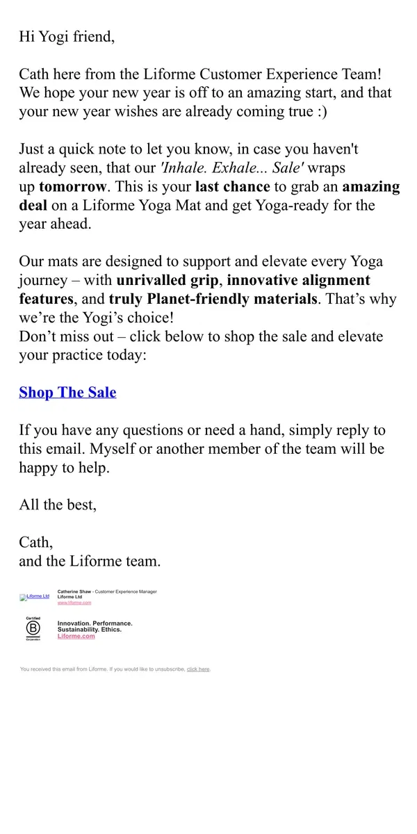 Email from Liforme. Last chance: Our sale ends tomorrow