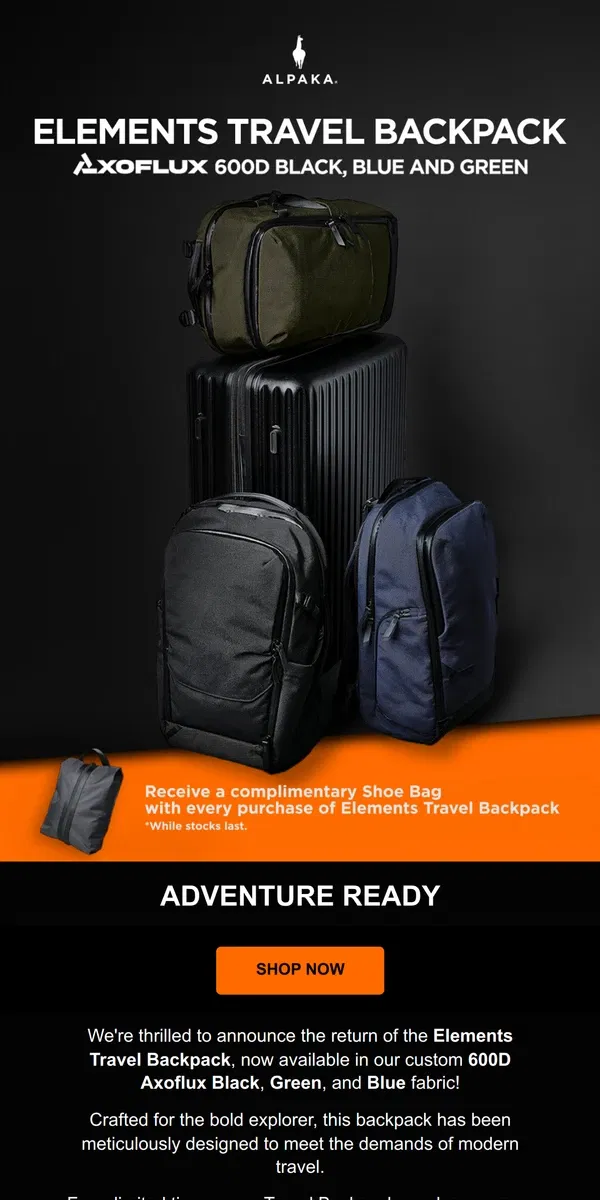 Email from ALPAKA. [NEW] The Elements Travel Backpack is BACK!