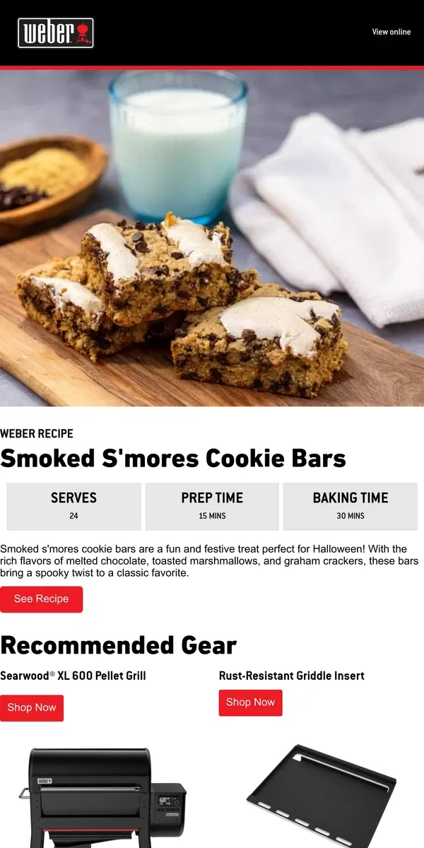 Email from Weber. Add a Smoky Twist to Halloween with S’mores Cookie Bars