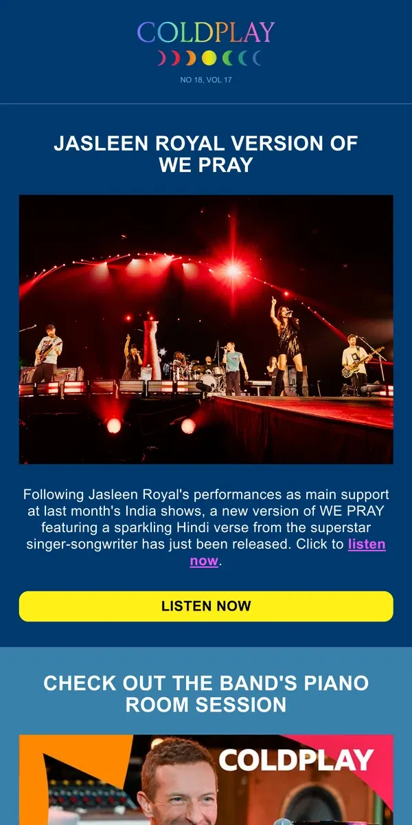 Email from Coldplay. Watch BBC session + New version of WE PRAY