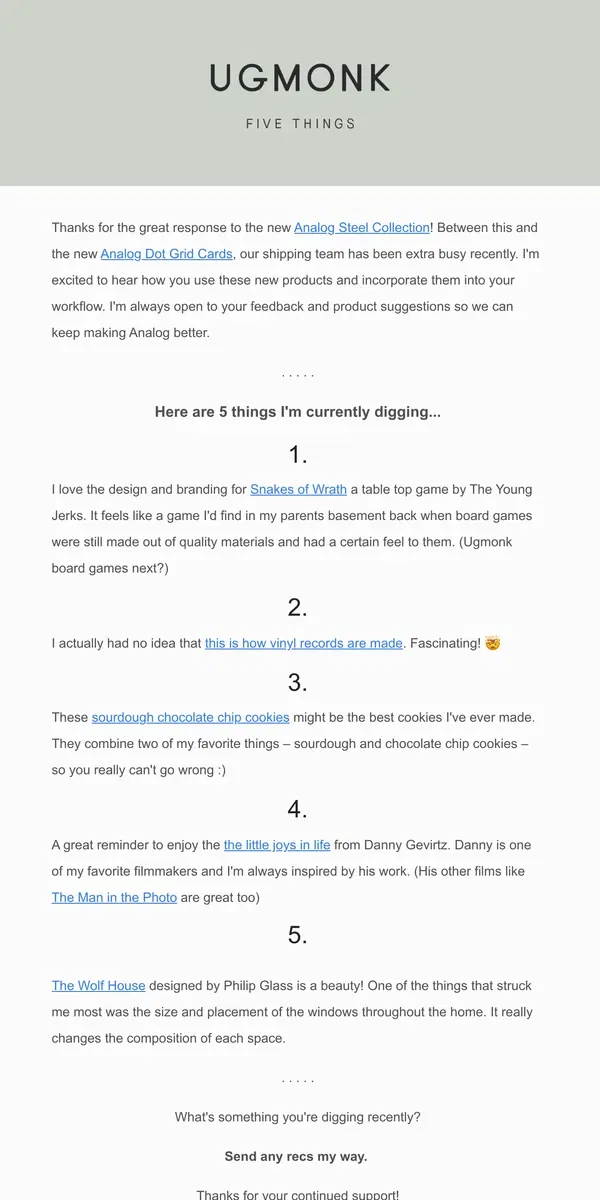 Email from Ugmonk. 5 things I'm digging – February edition