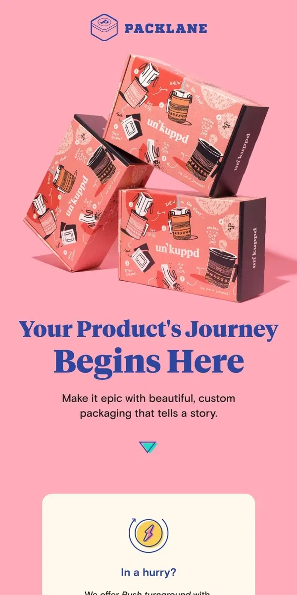 Email from Packlane. Your packaging journey starts now