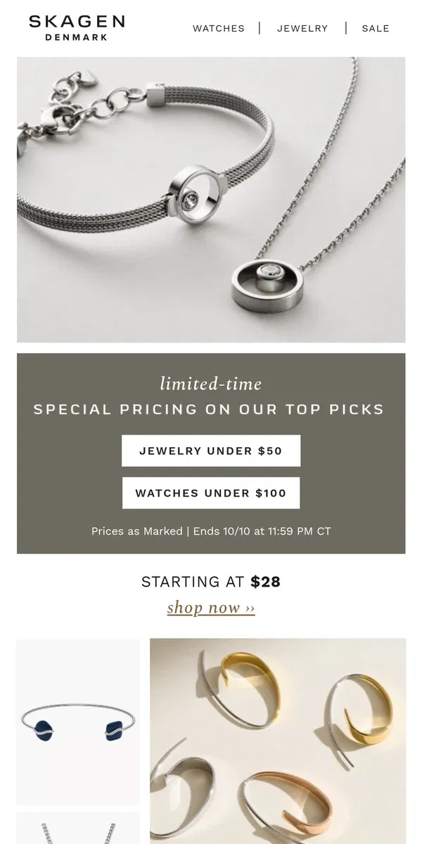 Email from Skagen. under $50: in-style accessories.