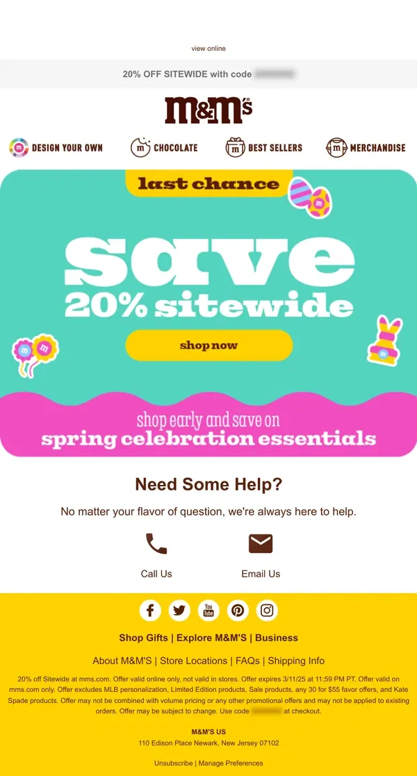 Email from M&M's. 20% OFF Ends Today, 3/11!