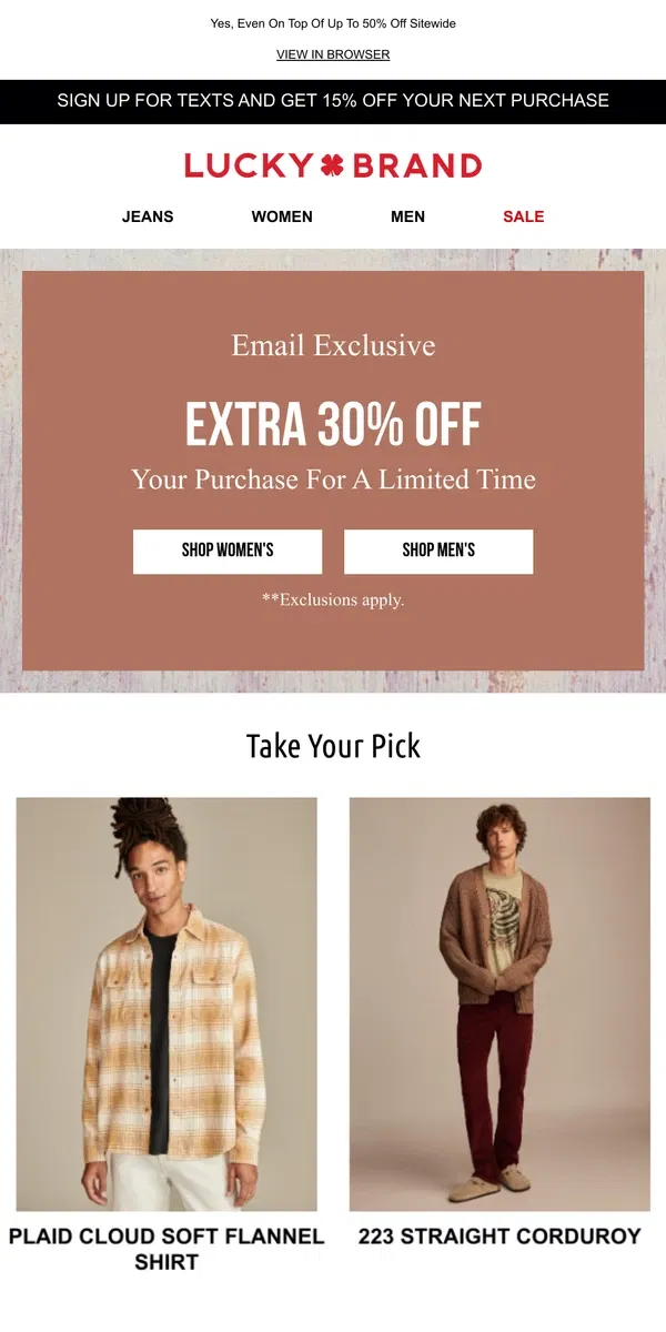 Email from Lucky Brand. Shop Extra 30% Off For A Limited Time