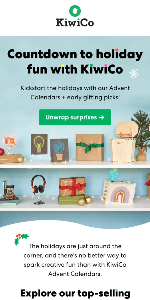 Email from KiwiCo. Spark holiday magic with KiwiCo advent calendars!