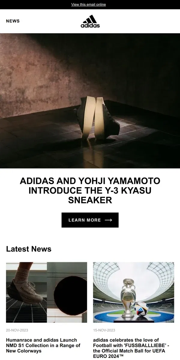 Email from Adidas. adidas and Yohji Yamamoto Introduce the Y-3 KYASU Sneaker