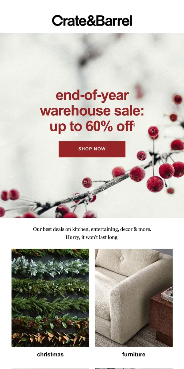 Email from Crate & Barrel. NEW MARKDOWNS | Up to 60% off →