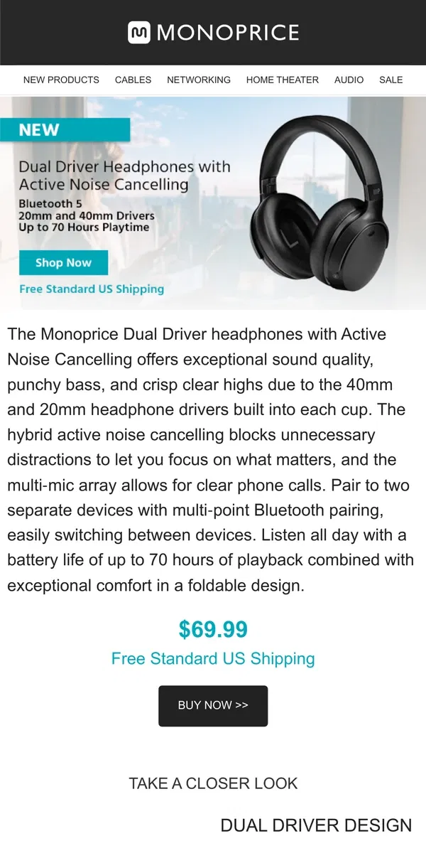 Email from Monoprice. NEW! Dual Driver Bluetooth Headphone with ANC