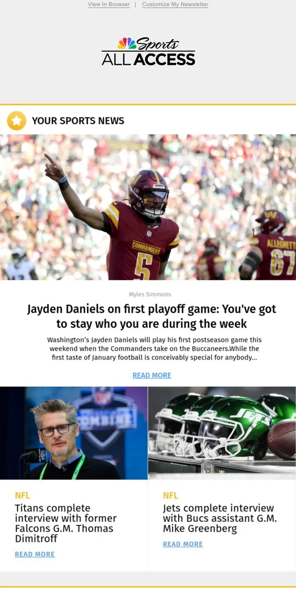 Email from NBC Sports. Jayden Daniels on first playoff game