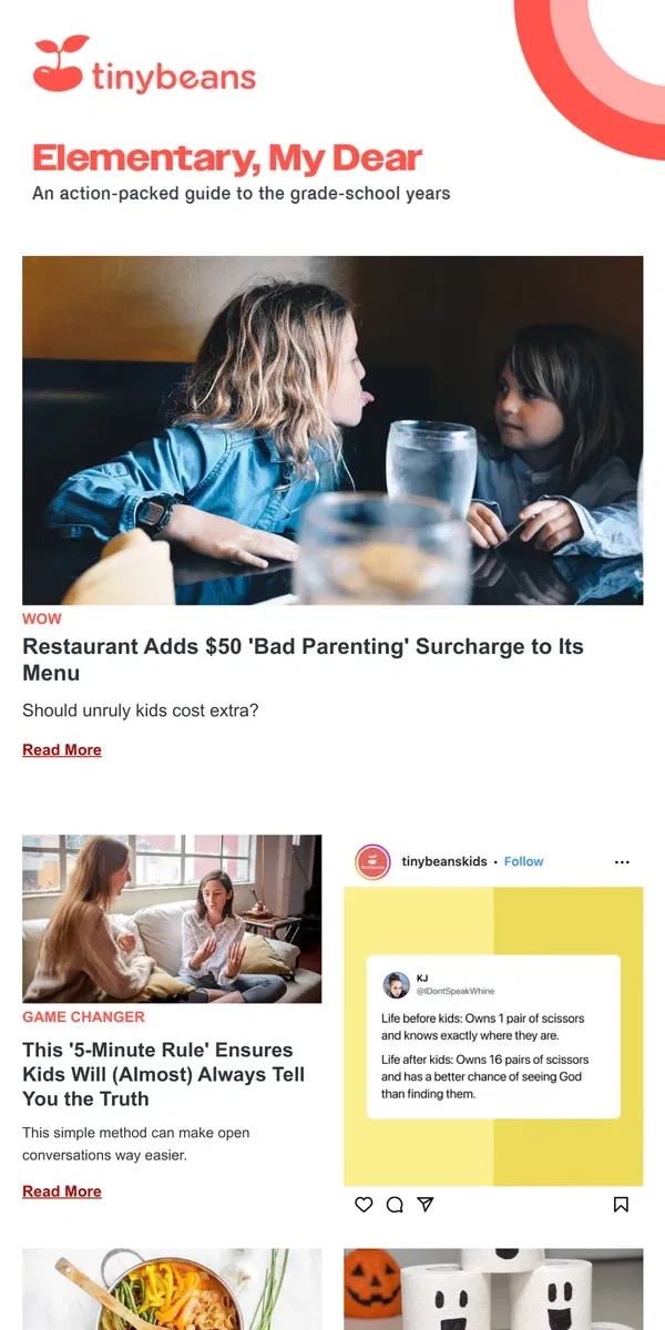 Email from Tinybeans. Restaurant Adds $50 'Bad Parenting' Surcharge to Its Menu