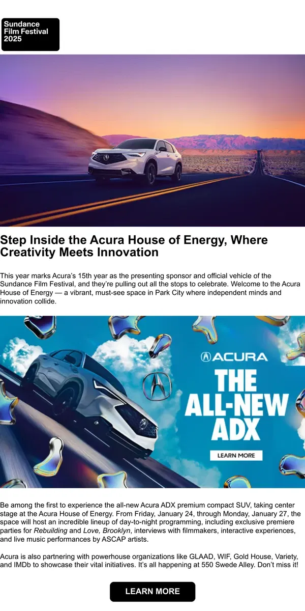 Email from Sundance. Rev Up Your 2025 Sundance Film Festival Experience at the Acura House of Energy