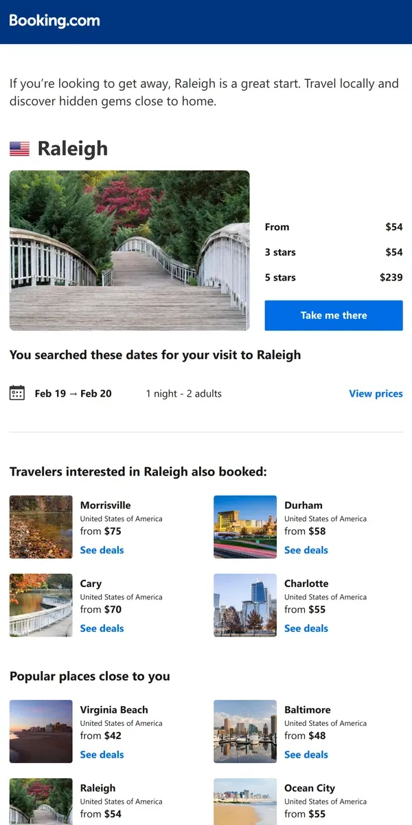 Email from Booking.com. Don’t forget your search for Raleigh – prices as low as $54!