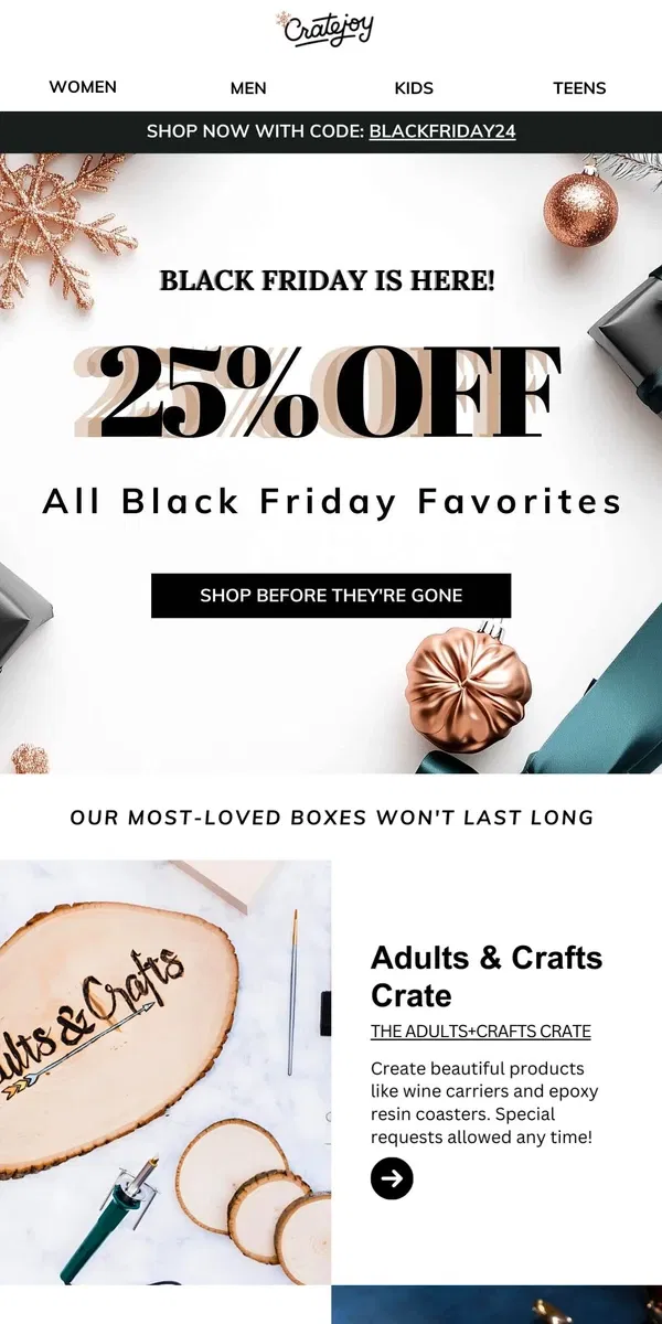 Email from Cratejoy. BLACK FRIDAY: 25% OFF Best Sellers